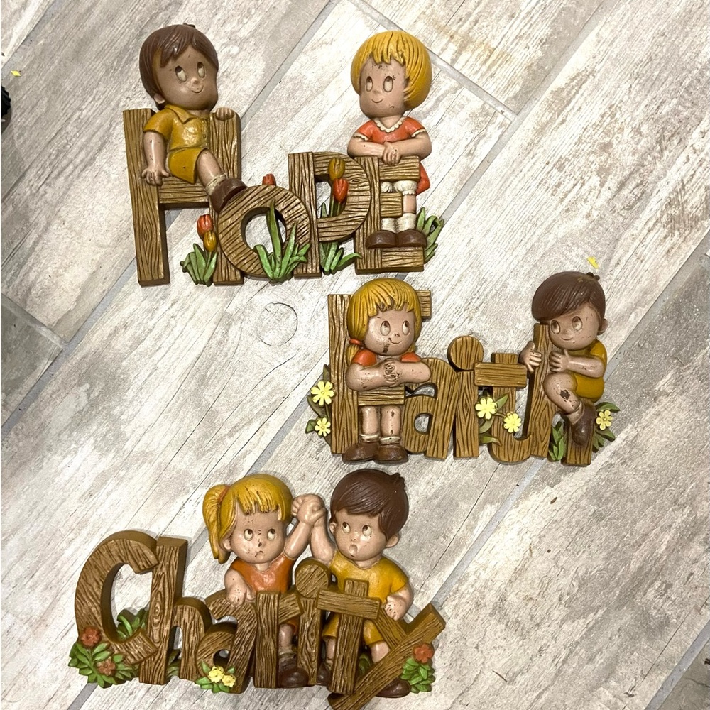 Vintage Burwood 3D Wall Plaques FAITH HOPE CHARITY Retro Kids Wall Decor 1982